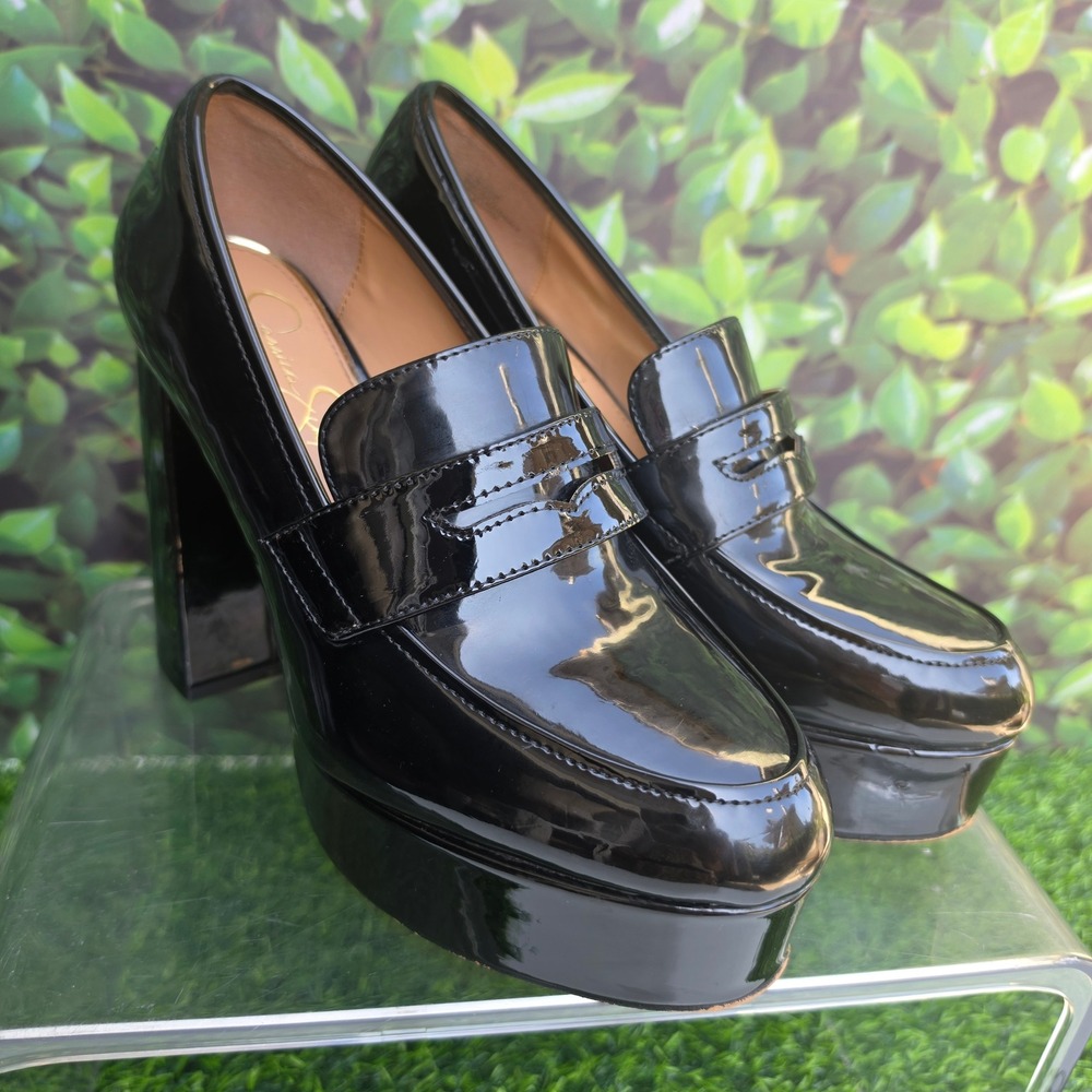 Jessica Simpson Blaton Black Patent Platform Block Heel Penny Loafers Size 8M